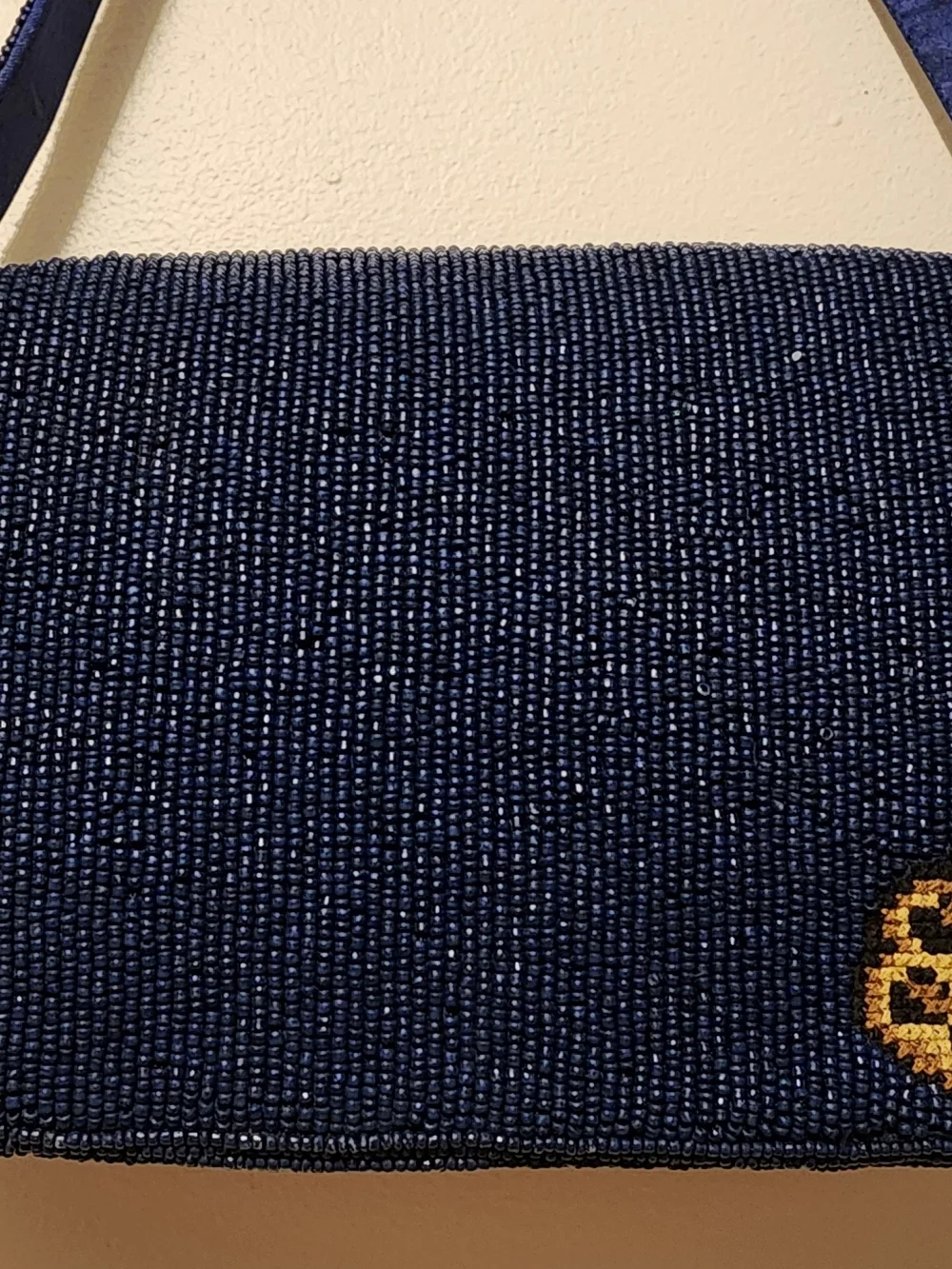 Blue Beaded Dog Tote Bag with Golden Dog Motif